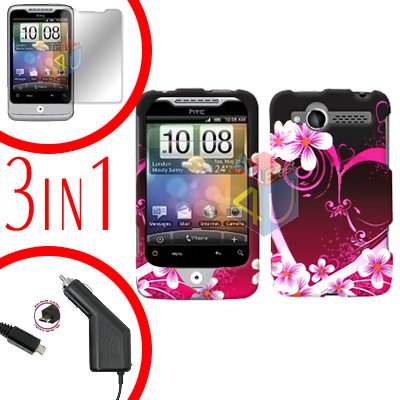 For HTC Wildfire 6225 Screen +Car Charger +Cover Hard Case Love 3-in-1