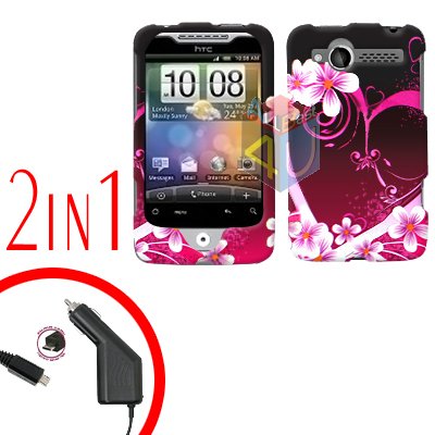 For HTC Wildfire Car Charger +Cover Hard Case Love 2-in-1