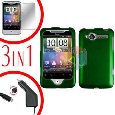For HTC Wildfire 6225 Screen +Car Charger +Cover Hard Case Rubberized Green 3-in-1