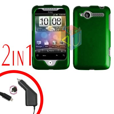 For HTC Wildfire Car Charger +Cover Hard Case Rubberized Green 2-in-1