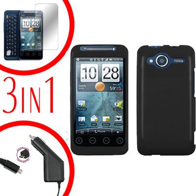 For HTC Evo Shift 4G Screen +Car Charger +Cover Hard Case Rubberized Black 3-in-1