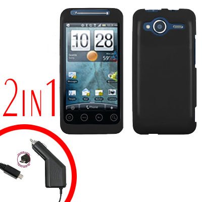 For HTC Evo Shift 4G Car Charger +Cover Hard Case Rubberized Black 2-in-1