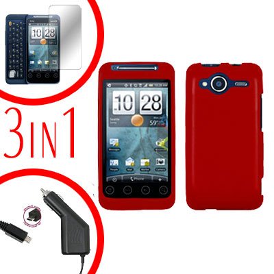 For HTC Evo Shift 4G Screen +Car Charger +Cover Hard Case Rubberized Red 3-in-1