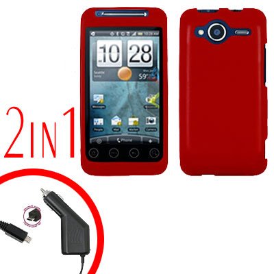 For HTC Evo Shift 4G Car Charger +Cover Hard Case Rubberized Red 2-in-1
