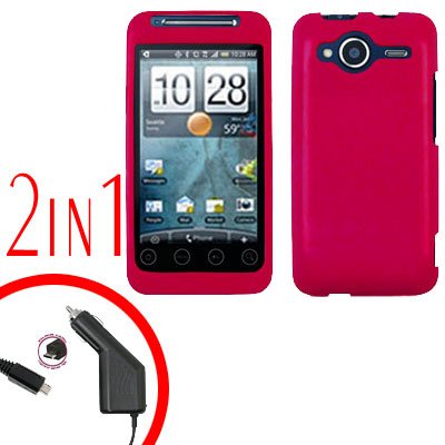 For HTC Evo Shift 4G Car Charger +Cover Hard Case Rubberized Rose Pink 2-in-1