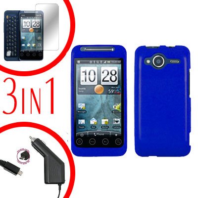 For HTC Evo Shift 4G Screen +Car Charger +Cover Hard Case Rubberized Blue 3-in-1