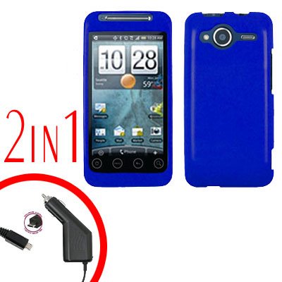 For HTC Evo Shift 4G Car Charger +Cover Hard Case Rubberized Blue 2-in-1