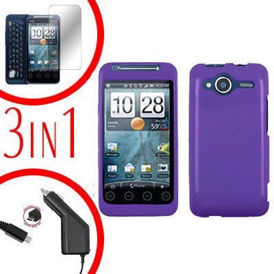 For HTC Evo Shift 4G Screen +Car Charger +Cover Hard Case Rubberized Purple 3-in-1