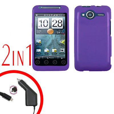 For HTC Evo Shift 4G Car Charger +Cover Hard Case Rubberized Purple 2-in-1
