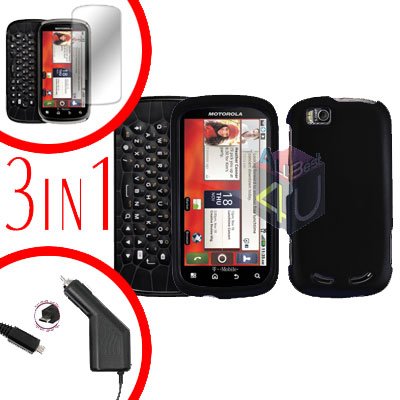 For Motorola Cliq 2 MB611 Screen +Car Charger +Cover Hard Case Rubberized Black 3-in-1