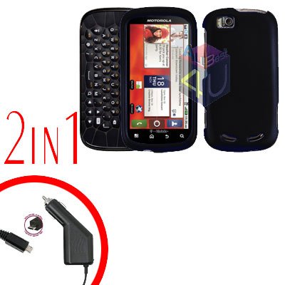 For Motorola Cliq 2 MB611 Car Charger + Cover Hard Case Rubberized Black 2-in-1