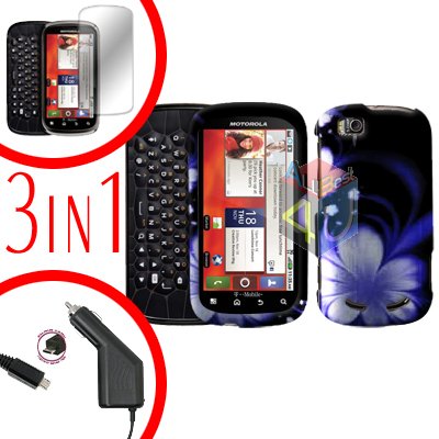 For Motorola Cliq 2 MB611 Screen +Car Charger +Cover Hard Case Rubberized B-Flower 3-in-1