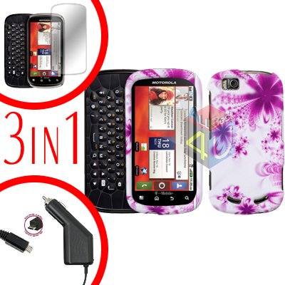 For Motorola Cliq 2 MB611 Screen +Car Charger +Cover Hard Case Rubberized H-Flower 3-in-1