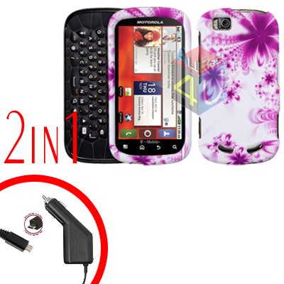For Motorola Cliq 2 MB611 Car Charger + Cover Hard Case H-Flower 2-in-1