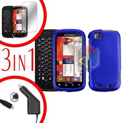 For Motorola Cliq 2 MB611 Screen +Car Charger +Cover Hard Case Rubberized Blue 3-in-1