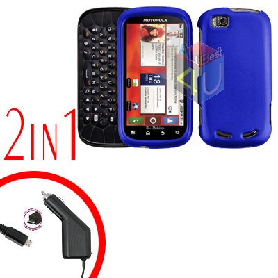 For Motorola Cliq 2 MB611 Car Charger + Cover Hard Case Rubberized Blue 2-in-1