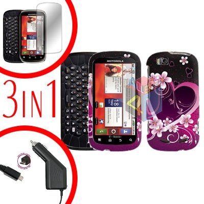 For Motorola Cliq 2 MB611 Screen +Car Charger +Cover Hard Case Rubberized Love 3-in-1