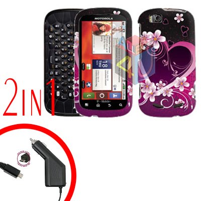 For Motorola Cliq 2 MB611 Car Charger + Cover Hard Case Love 2-in-1