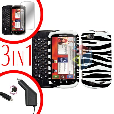 For Motorola Cliq 2 MB611 Screen +Car Charger +Cover Hard Case Rubberized Zebra 3-in-1