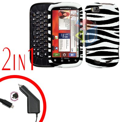 For Motorola Cliq 2 MB611 Car Charger + Cover Hard Case Zebra 2-in-1