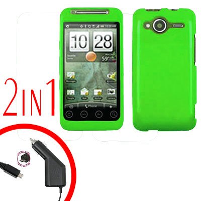 For HTC Evo Shift 4G Car Charger +Cover Hard Case Rubberized Neon Green 2-in-1