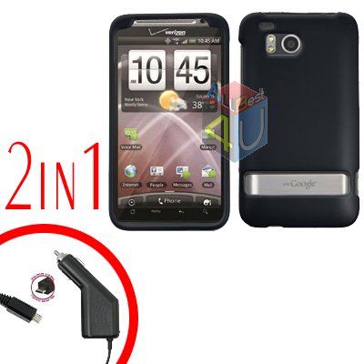 For HTC ThunderBolt Car Charger +Cover Hard Case Rubberized Black 2-in-1