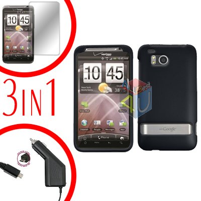 For HTC ThunderBolt Protector Screen +Car Charger +Cover Hard Case Rubberized Black 3-in-1