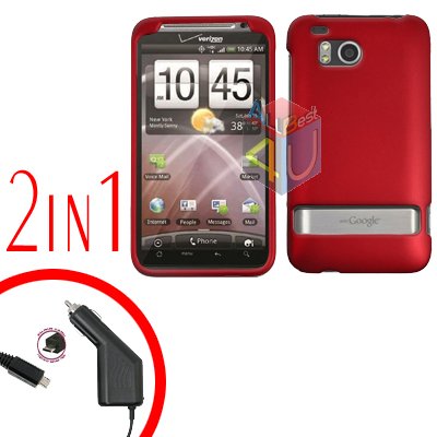 For HTC ThunderBolt Car Charger +Cover Hard Case Rubberized Red 2-in-1