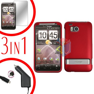 For HTC ThunderBolt Protector Screen +Car Charger +Cover Hard Case Rubberized Red 3-in-1
