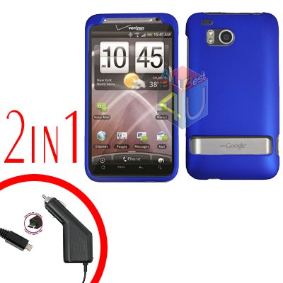 For HTC ThunderBolt Car Charger +Cover Hard Case Rubberized Blue 2-in-1