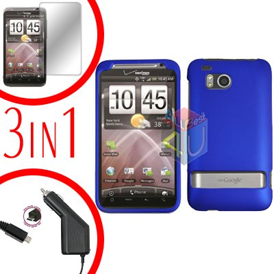 For HTC ThunderBolt Protector Screen +Car Charger +Cover Hard Case Rubberized Blue 3-in-1