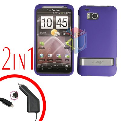 For HTC ThunderBolt Car Charger +Cover Hard Case Rubberized Purple 2-in-1