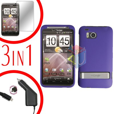 For HTC ThunderBolt Protector Screen +Car Charger +Cover Hard Case Rubberized Purple 3-in-1