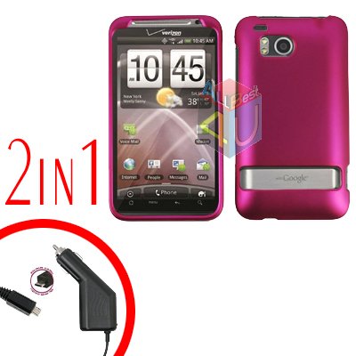For HTC ThunderBolt Car Charger +Cover Hard Case Rubberized Rose Pink 2-in-1
