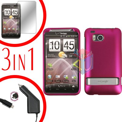 For HTC ThunderBolt Protector Screen +Car Charger +Cover Hard Case Rubberized Rose Pink 3-in-1