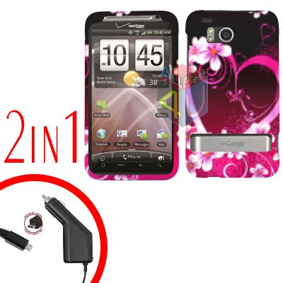 For HTC ThunderBolt Car Charger +Cover Hard Case Love 2-in-1
