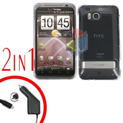 For HTC ThunderBolt Car Charger +Cover Hard Case Transparent Clear 2-in-1