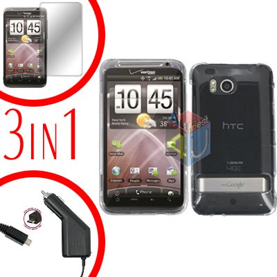 For HTC ThunderBolt Protector Screen +Car Charger +Cover Hard Case Transparent Clear 3-in-1