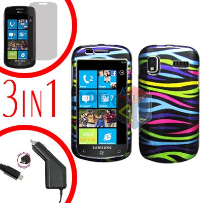 For Samsung Focus i917 Screen +Car Charger + Hard Case Rainbow 3-in-1