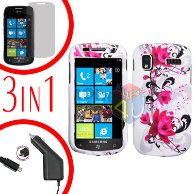 For Samsung Focus i917 Screen +Car Charger + Hard Case W-Flower 3-in-1
