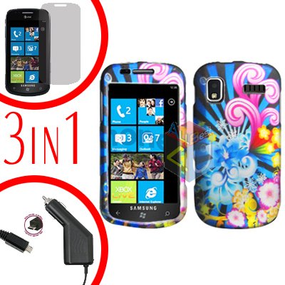 For Samsung Focus i917 Screen +Car Charger + Hard Case A-Flower 3-in-1