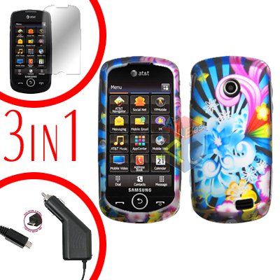 For Samsung Solstice II 2 A817 Screen +Car Charger +Cover Hard Case A-Flower 3-in-1