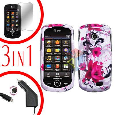 For Samsung Solstice II 2 A817 Screen +Car Charger +Cover Hard Case W-Flower 3-in-1