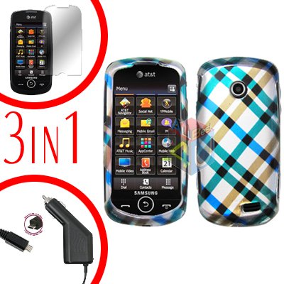 For Samsung Solstice II 2 A817 Screen +Car Charger +Cover Hard Case Plaid 3-in-1