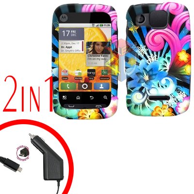 For Motorola Citrus WX445 Car Charger + Cover Hard Case A-Flower 2-in-1