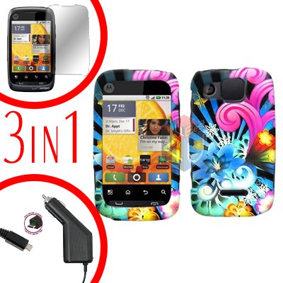 For Motorola Citrus WX445 Screen +Car Charger +Cover Hard Case A-Flower 3-in-1