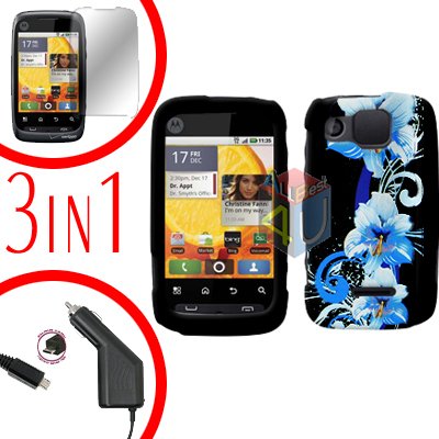 For Motorola Citrus WX445 Screen +Car Charger +Cover Hard Case Flower 3-in-1