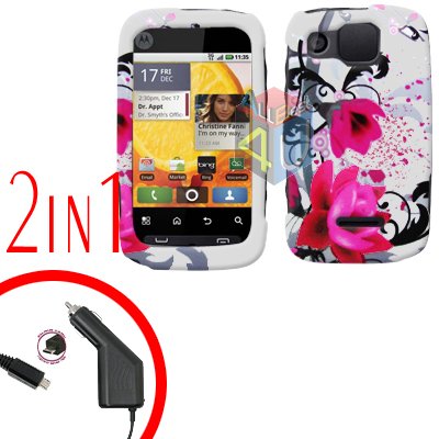 For Motorola Citrus WX445 Car Charger + Cover Hard Case W-Flower 2-in-1