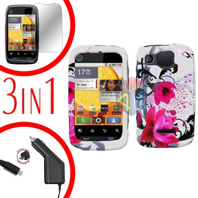 For Motorola Citrus WX445 Screen +Car Charger +Cover Hard Case W-Flower 3-in-1