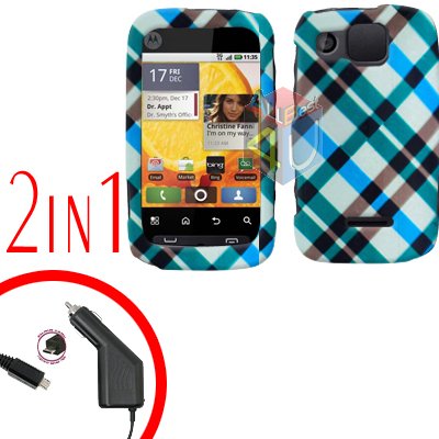 For Motorola Citrus WX445 Car Charger + Cover Hard Case Plaid 2-in-1